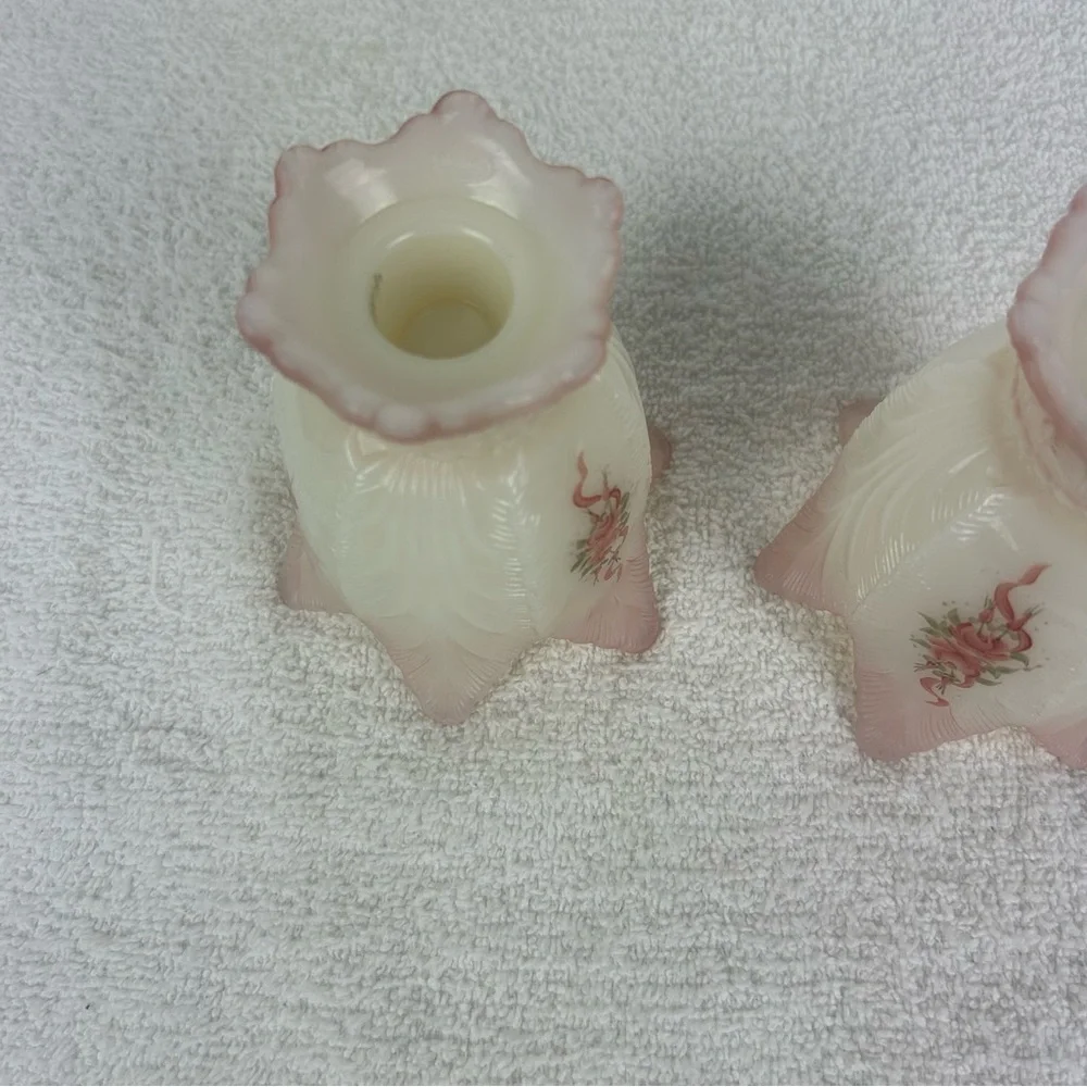 Pair of VTG '1980's' Fenton Art Glass Burmese - 2 way Votive - Signed/Painted